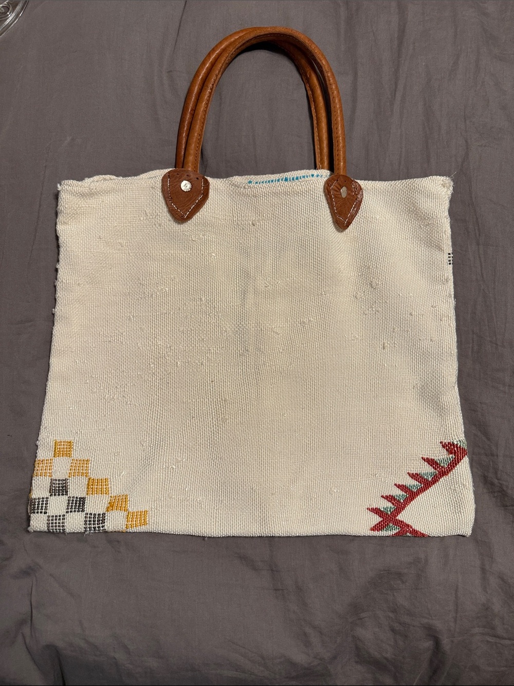Guatemalan Woven CreamTote Bag with Brown Leather Handles